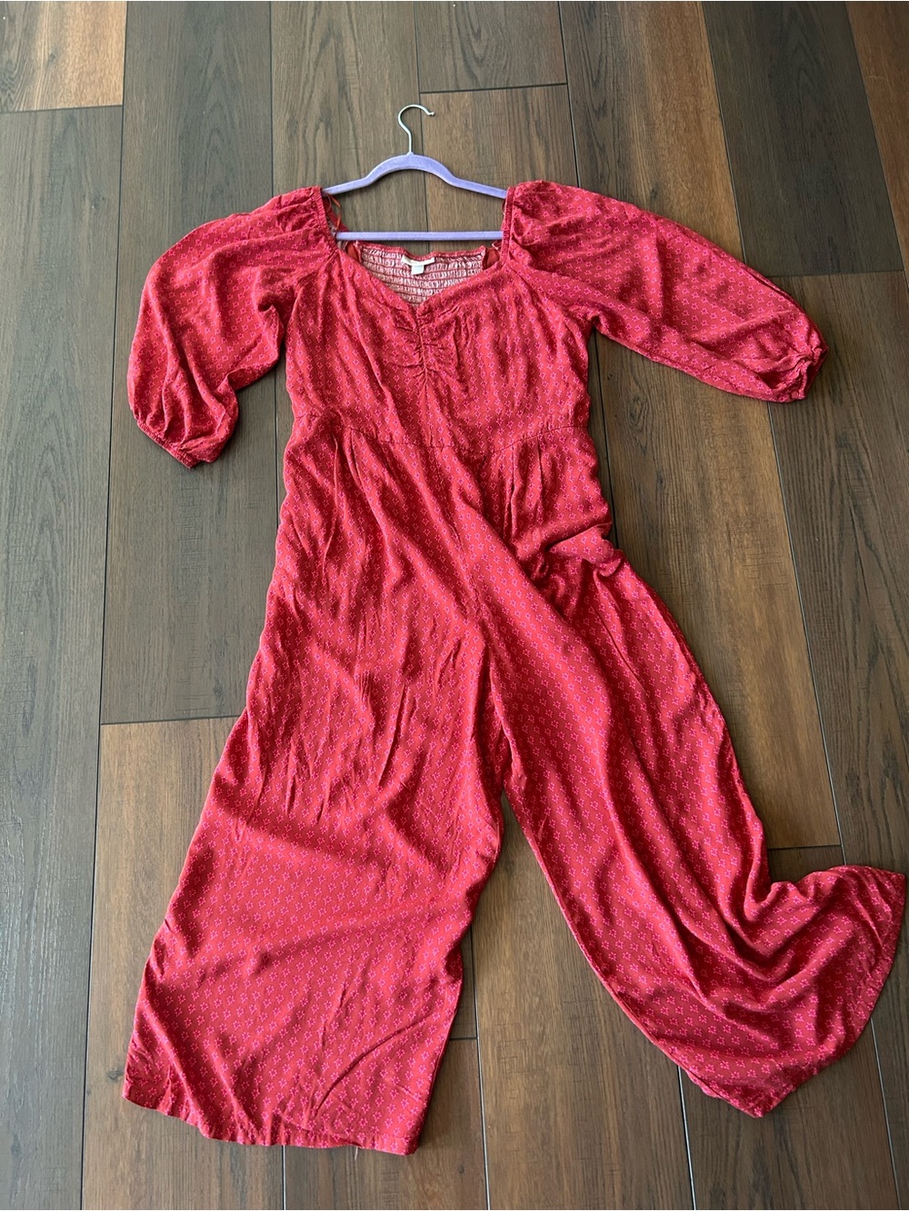Knox Rose Rust-Red Wide Leg Smocked Jumpsuit Boho Cottagecore Size L - Picture 2 of 9